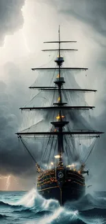 Majestic ship sailing through stormy seas under dark, dramatic skies.