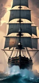 Majestic sailing ship on turbulent seas under dramatic clouds.