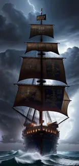 Sailing ship braves stormy seas with lightning in the background.