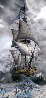 Majestic sailing ship in stormy seas under a full moon, with clouds and waves.