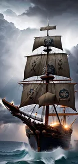 A majestic sailing ship in stormy seas, under dramatic skies.