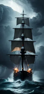 Majestic sailing ship under stormy skies on the ocean.