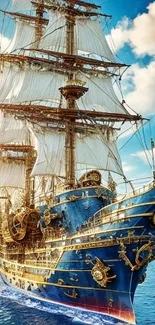 Majestic blue sailing ship on the ocean with golden details.