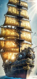 Majestic sailing ship with golden sails in sunlight.