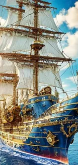 Majestic sailing ship with gold accents on blue ocean.