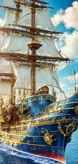 Majestic sailing ship with blue ocean backdrop and golden details.