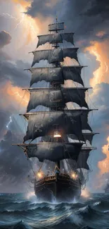 Majestic sailing ship in a stormy ocean scene with dramatic clouds.