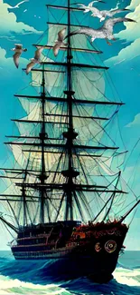 Majestic sailing ship with blue sky and ocean, surrounded by seagulls.