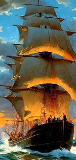 Majestic sailing ship at sunset with golden sails and vibrant ocean hues.