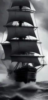 Majestic sailing ship navigating stormy seas, captured in grayscale elegance.