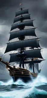 Majestic sailing ship in stormy ocean with dark clouds above.