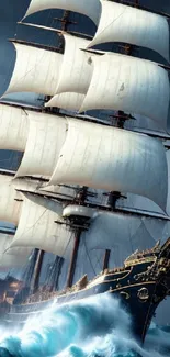 Majestic sailing ship on turbulent ocean with dramatic waves.