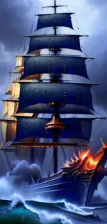 Majestic sailing ship amid stormy seas and dramatic sky, capturing adventure and beauty.