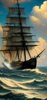 Majestic sailing ship navigating through vibrant ocean waves under cloudy skies.