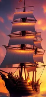 Majestic ship at sunset with glowing sails on an ocean horizon.