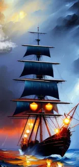 Majestic ship sailing in a stormy sea with vibrant colors and dramatic lighting.