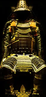 Majestic samurai armor in a dark, dramatic setting with intricate details.