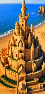 Majestic sand castle on sunny beach with ocean view.