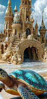 Turtle and majestic sandcastle on the beach with ocean waves.