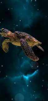 Sea turtle swimming in a teal galaxy-themed background.