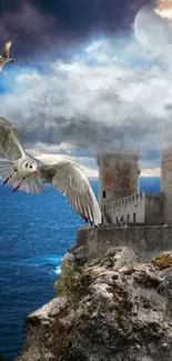 Seagull soaring near a castle with ocean backdrop and cloudy sky.