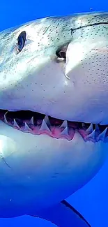 Close-up view of a shark showcasing its sharp teeth and sleek body in ocean blue.