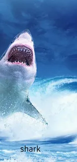 Majestic shark leaps in vibrant blue ocean waves.