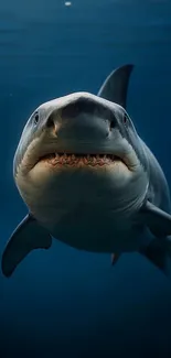 A majestic shark swims gracefully underwater against a deep blue backdrop.