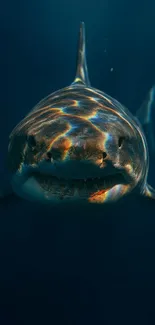Shark swimming gracefully in deep ocean waters with light reflections.