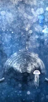 Underwater view of a shark with bubbles and deep navy background.