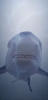 A majestic shark swimming underwater with a blue hue.