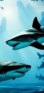 Majestic sharks swimming in the ocean depths with a blue underwater backdrop.