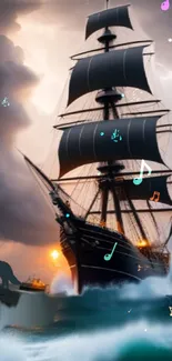 Majestic ship on stormy sea with music notes.