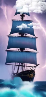 Majestic ship with blue sails in a lightning storm.