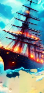 Majestic ship sailing in glowing ocean waves with vibrant colors.