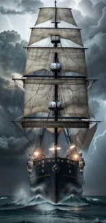 Majestic ship sailing through a storm with dramatic clouds and lightning.