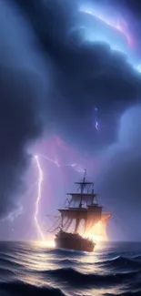 A dramatic ship sailing through a stormy sea with vivid lightning and dark skies.