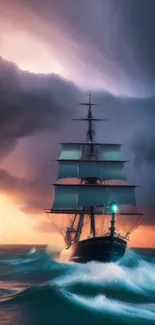 Dramatic ship sailing through stormy seas at sunset with dark clouds above.