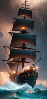 Nighttime ship navigating stormy seas with dramatic lighting and waves.