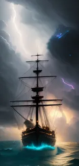 Majestic ship sails through a dramatic sea storm with captivating lighting.