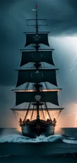 Majestic ship sailing through a storm with lightning in the background.