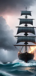 A majestic tall ship faces a storm with swirling dark clouds and bright lightning.