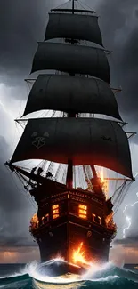 A majestic ship sails through a storm with lightning in a dramatic mobile wallpaper.