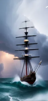 Majestic ship sailing through storm with dramatic clouds.