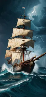 Majestic sailing ship braving stormy seas under a dramatic sky.