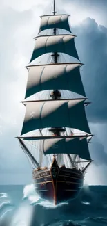 Majestic ship with sails in stormy sea.