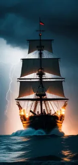 A ship sails through stormy seas under a dramatic lightning-lit sky at sunset.