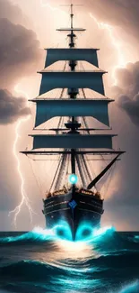 Majestic ship sailing through stormy seas with lightning in the background.