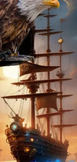 Majestic pirate ship with eagle in a beautiful dawn sky.