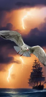 Seagull flying over a ship at sea with lightning in the sky. Dramatic scenery.